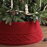 Knitted Christmas Tree Collar: Burgundy Red Crossed Diamond Textured Chunky Cable knit Christmas Tree Collar for Artificial Trees, Rustic Farmhouse Tree Ring Tree skirt for Xmas Holiday Home Décor