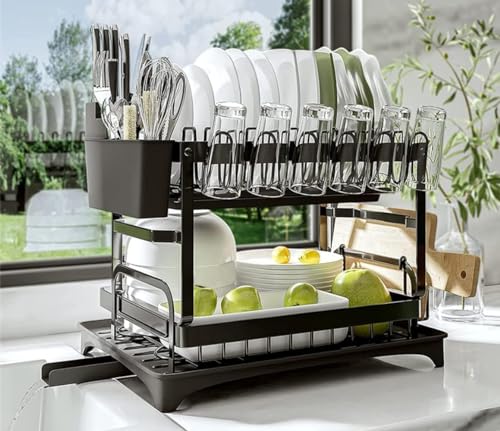 Image of Dish Organizer Rack,Carbon Steel Kitchen Dish Drying Rack, Rust-Proof Countertop Dish Organizer with Cup Holder, Portable Compact Dish Rack for Cup, Plates, Bowl, Spoons(YK-11)