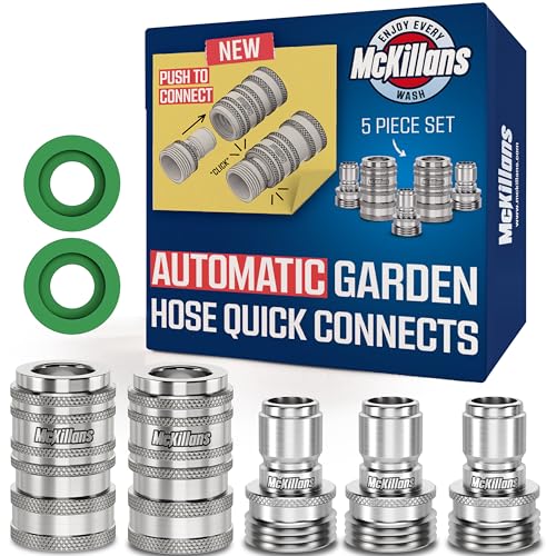 McKillans 2025 Automatic Garden Hose Quick Connect [UNIVERSAL FIT] - Stainless Steel Quick Connect Hose Fittings - Water Hose Connectors - Quick Disconnect Adapter - INSTANT CONNECTION - 5 Pc Kit