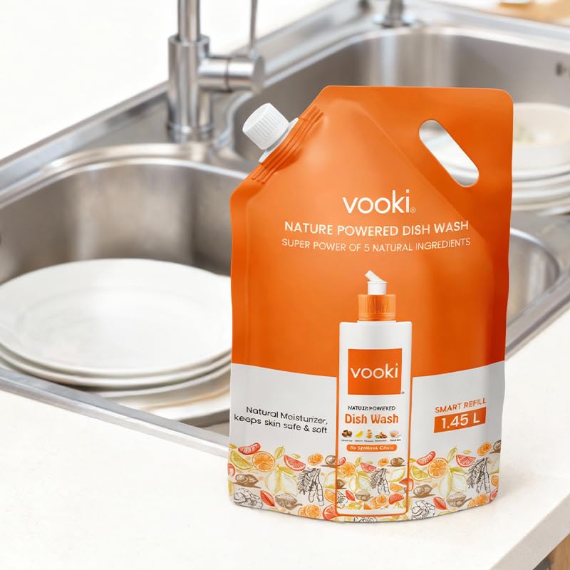Image of Vooki Natural Dishwasher Liquid with Soapnut, Lemon, Tamarind, Orange Peel & Rock Salt, Tough on Grease and Stains, Utensil Cleaner Liquid Safe on Hands - 1.45 Ltr (Refill Pouch)