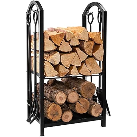 DOEWORKS Outdoor Indoor Log Rack with 4 Fireplace Accessories, Black Heavy Duty Steel Fireside Log Rack firewood storage,45x40x69cm Cover
