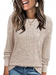 Cicy Bell Damen Langarmshirt Leichte Strickpullover Henley Shirt Dressy Casual Rundhals Sweatshirt Loose Fit Tunika Tops,Aprikose,S