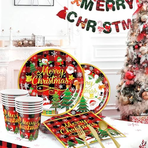 Christmas Party Decorations Supplies - 175 PCS Merry Christmas Red Plaid Disposable Dinnerware Set Xmas Paper Plates and Napkins Sets with Cups Fork Spoon for Holiday Party Supplies, Serve 25 – Image 3