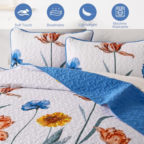 Parure de lit réversible bleu floral en microfibre douce King Size haut de gamme - 5