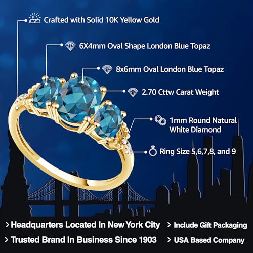 Gem Stone King 10K Yellow Gold London Blue Topaz and Diamond Accent 3-Stone Engagement Ring | 2.70 Cttw | 3 Stone Wedding Anniversary Promise Ring For Women | Size 5-9.52