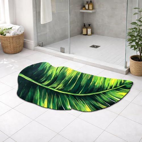 Image of Luxe Home 3D Bath Mat Leaf Shaped Super Soft, Anti Slip Skid, Washable, Quick Dry Floor Mat for Bathroom, Bedroom, Living Room (Green, 43x87 cm)