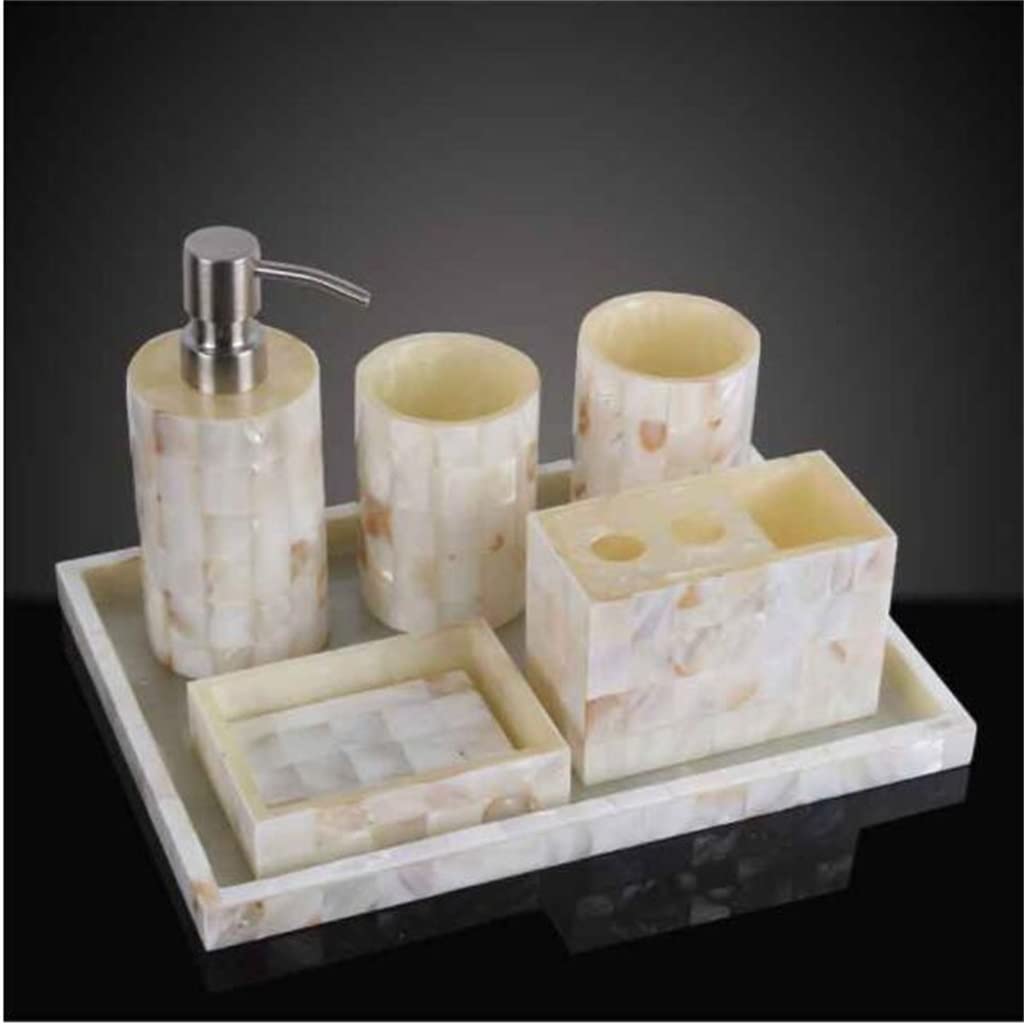 Juegos de Lavabo, Juego de Cinco Piezas Accesorios baño Resina con Forma Concha, Utensilios Lavado, dispensador jabón, Vaso for gárgaras, Soporte for Cepillo Dientes, jabonera