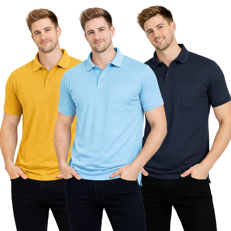 Polo Neck T-Shirt Pack of 3 for Men & Boys | Half Sleeve Collar Tee with Pocket | Premium Spun Matty Fabric | Casual & Office Wear | Sizes M to 2XL | FX_PO3_MCR_Sky_NVY-image-44