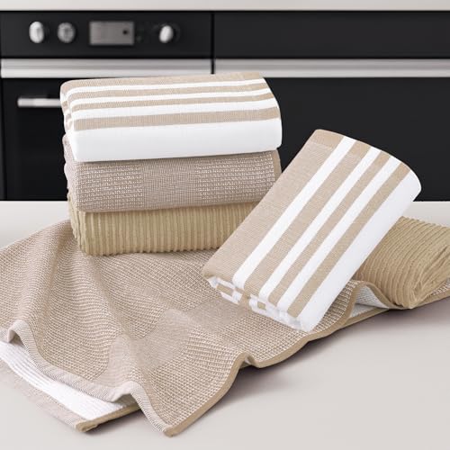 Image of Homaxy Premium Kitchen Towels(18 inchx 28 inch, 9 Pack), Large Cotton 380 GSM Kitchen Hand Towels, Soft and Absorbent Terry Dish Towels, Multipurpose Tea Towel Set with Hanging Loop, Khaki