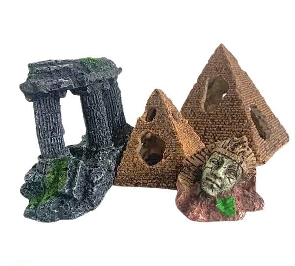 ARAWARA Aquairum Egyptian Decor with Pyramid Head, Sphinx Figure, Pillars Resins,Sunken Ancient Heritage, Fish Tank Decorations Ancient Ruins Miniature as Underwater Landscape,4PCS