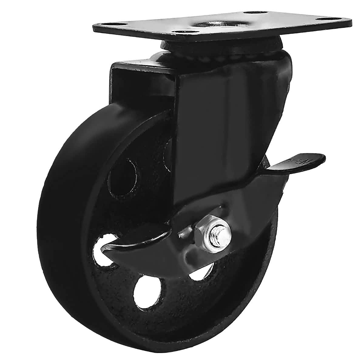 FactorDuty 4 Ruedas Giratorias con Placa Giratoria de Metal Negro con Bloqueo de Freno Acero de Alto Calibre para Trabajo Pesado (4" con Freno)