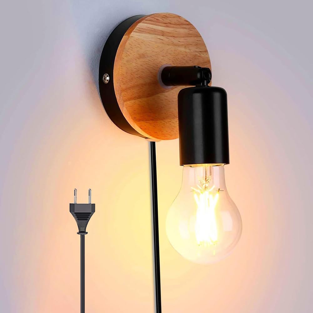 ZBZFGE Vintage Wandlampe Innen mit Schalter und Stecker Wandleuchte 360°+90° drehbar Holz Wandstrahler Schwarz Retro Industrie Wandbeleuchtung Metall für Schlafzimmer Wohnzimmer Treppenhaus