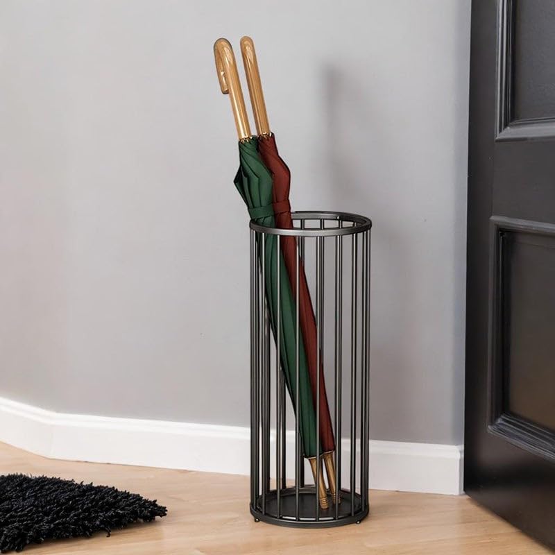 Image of Metal Wire Umbrella Stand, Black, Cylindrical, 22 x 58 cm, Entryway Organiser with Drip Tray