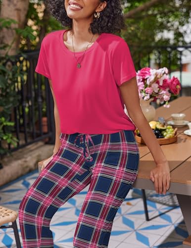 Image of Ekouaer 2 Pack Pajamas for Women Set Short Sleeve Pj Top and Printed Pants | Soft PJs Cozy Printed Lounge Sets Comfy Sleepwear with Pockets