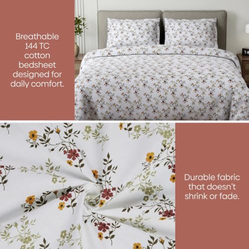 Image of Haus & Kinder Double Bed Bedsheet for Queen Size Bed with 2 Pillow Covers 90 Inch x 100 Inch | Premium Soft & Silky Pure Cotton 144 TC Flat Double Bedsheet | Secret Garden Mustard
