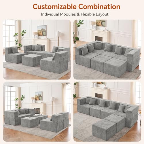 Image of MONVANE Modular Sectional Cloud Couch for Living Room - 130'' 6 Seater Convertible Chenille Couches Set with Ottoman, No Assembly Compression Sofas, Comfy Floor Sofa with Memory Foam, Light Grey