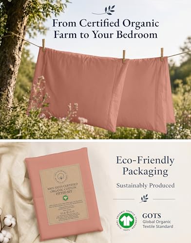 Image of LANE LINEN 100% Organic Cotton Queen Size Fitted Sheet Only (+Pillowcases) 3-Piece Set Soft & Comfy Hotel Style Percale Weave Fully Elasticized Deep Pocket Queen Fitted 15 inch Deep - Rose Dawn