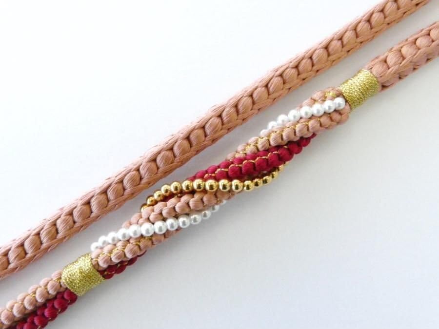 振袖用 飾り帯締め 正絹 手ぐみひも パールビーズ シンプル くすみ ピンク ゴールド