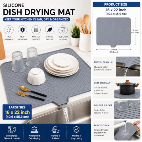 Image of AGILAM- Silicone Dish Drying Mat | Heat Resistant | 22x16 Inch | Grey