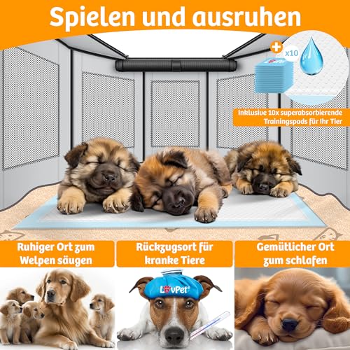 LOVPET® Welpenlaufstall drinnen draußen Welpenauslauf Hunde-Käfig Oxford-Gewebe Tier-Laufstall Kleintier Katzen Freigehege Rahmen PVC-Rohr mit Tasche, 3X Kauknochen & 10 Pad, M 72x72x43cm, Grau