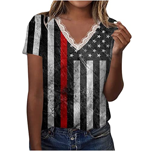 Camisetas femininas patrióticas de renda 4 de julho EUA de manga curta com acabamento em renda e gol
