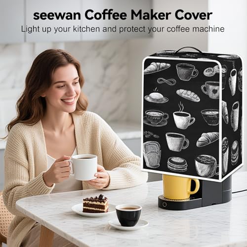 Image of Universal Coffee Maker Cover, Durable Polyester Lightweight Long-Lasting Dustproof Cotton Blend Appliance Protector for Kitchen Countertops (Black and White)