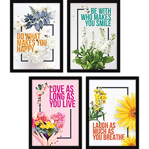 FATMUG Framed Wall Paintings Inspiring Quotes For Office and Home - Set of 4 With Glass - Happiness