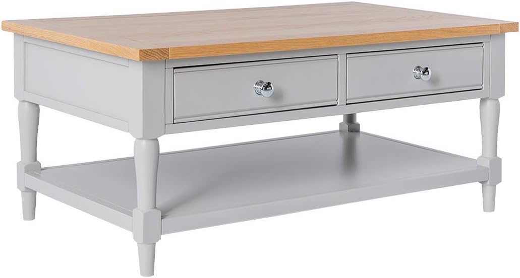 Bude Grey Coffee Table for Living Room with Storage Drawers & Oak Top