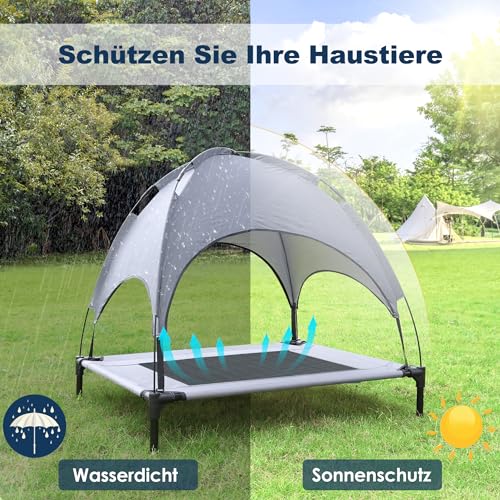 UISEBRT Erhöhtes Hundebett Haustierbett mit Baldachin, Hundeliege Outdoor für Camping Strand, Hundebett mit Wasserdicht Dach Hundesofa mit Atmungsaktivem Netzgewebe, Größe M, 76 x 61 x 76 cm