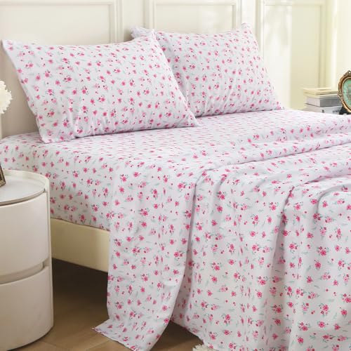 Image of MUXHOMO Queen Size 4 Piece Sheet Set, Soft & Breathable Sheet for Bedroom with Deep Pocket Up to 16 inch, Wrinkle-Free & Cooling Bed Sheet with Flat Sheet, Fitted Sheet & Pillowcases - Pink Flower Sea