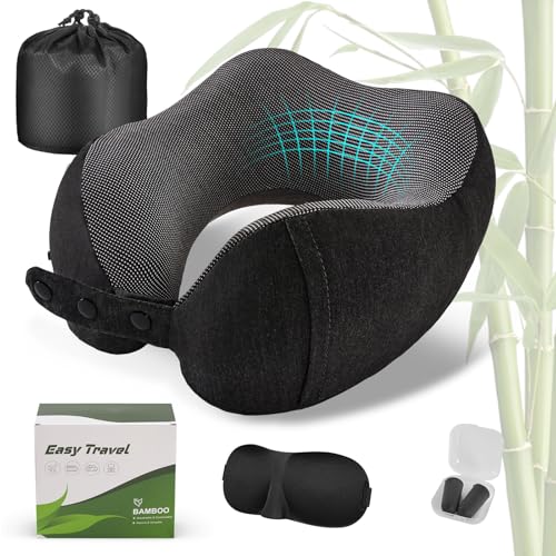 Image of Cirorld Neck Pillow for Traveling, Travel Pillows for Airplanes,100% Pure Memory Foam Travel Neck Pillow, Adjustable Flight Pillow, Portable Plane Accessories with Eye Mask, Earplugs, Carry Bag