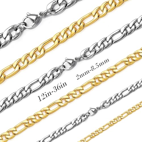 SANNYRA Figaro Chain for Men, Mens Chains Necklaces, Stainless Steel 2-8.5mm 12-36inches 18K Gold Plated Silver Plated Necklace for Women