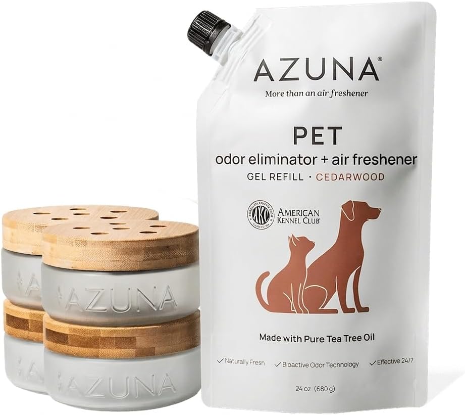 Azuna Pet Odor Eliminator for Strong Odor | 4 Room Kit Includes (4) Empty Luxe Glass Jar & 24oz Gel Refill | Plant Powered | Dog and Cat Room Deodorizer | Pet and Child Friendly | Cedarwood Scent