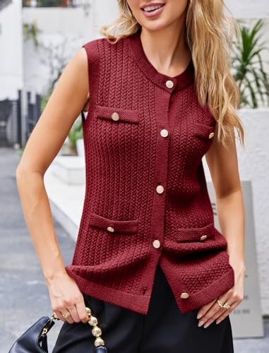 Image of Saodimallsu Womens Sleeveless Sweater Vest Button Up Cable Knit Crew Neck Trendy Casual Loose Summer Cardigan