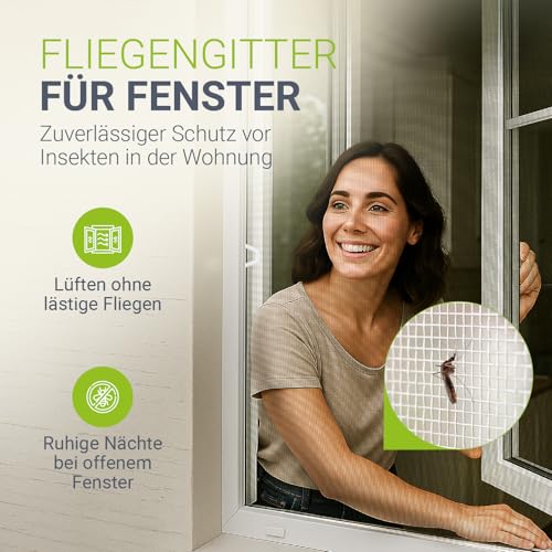 Juskys Fliegengitter Fenster 100x120 cm – Insektenschutz mit Alu Rahmen zum Einhängen, Montage ohne Bohren, Mücken- & Fliegenschutzgitter – Weiß