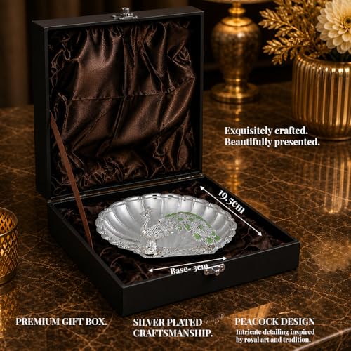 Image of Diviniti German Silver Peacock Decorative Bowl with Green Enamel Design for Home Decor | Luxury Silver Plated Dry Fruit & Sweet Serving Tray with Gift Box for Festive Dining & Gifting