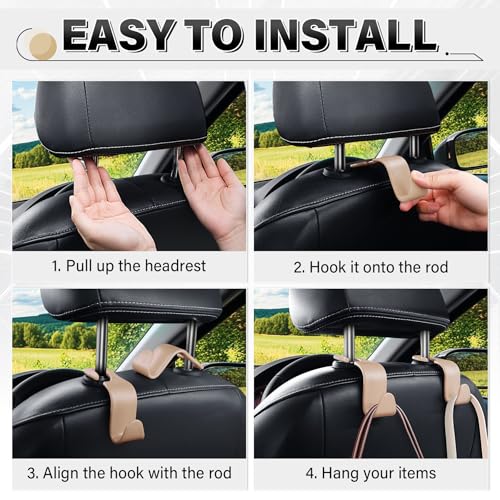 Image of SINGARO 4 Pack Car Seat Headrest Hooks, Vehicle Back Seat Hanger Storage Organizer for Purse Handbag Backpack Coat Grocery, 360 Rotating Heavy Duty Holds 44lbs, Beige