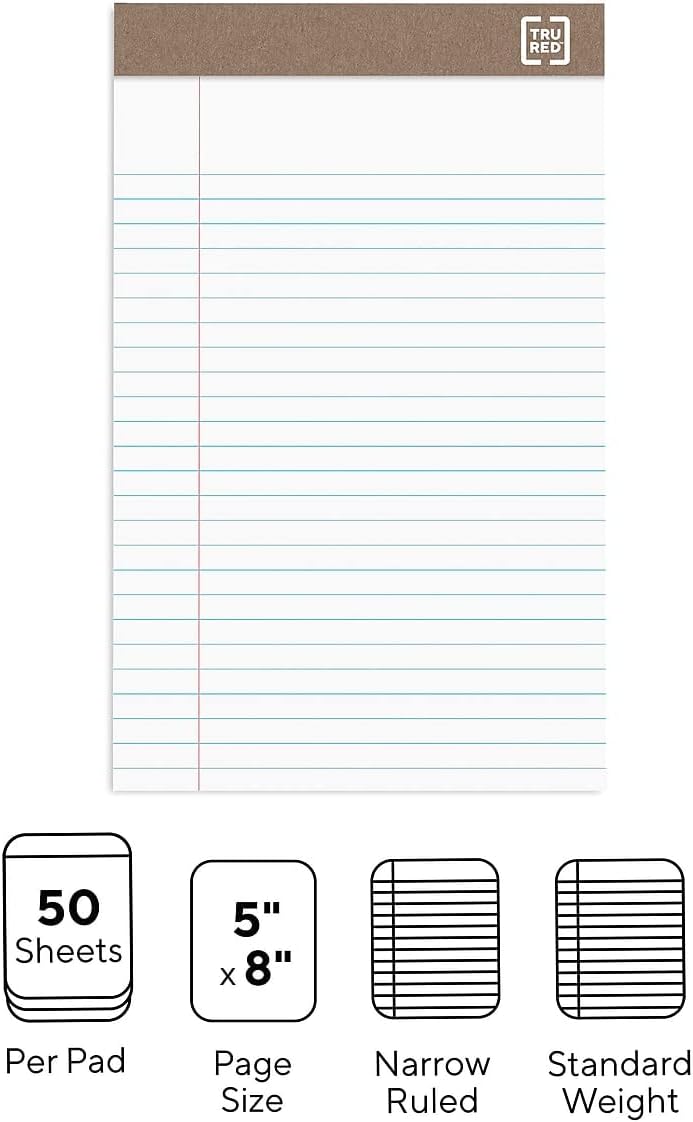 STAPLES Notepads, 5” x 8”, Narrow Ruled, White, 50 Sheets/Pad, 12‑Pack