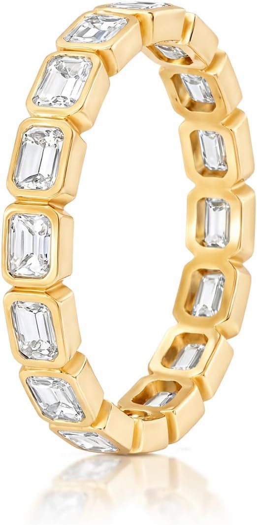 Emerald Cut Stone Eternity Bezel Set Bridal Wedding 3 Sideways Mini Band Ring