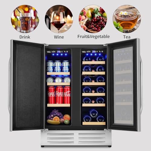 Image of 24 Inch Wine and Beverage Refrigerator, Dual Zone Wine Beverage Cooler, Built-in /Freestanding Beer and Wine Fridge with a Powerful Compressor, 20 Bottles and 88 Cans Capacity