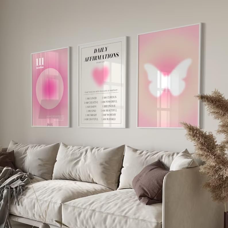HesenDot 3 Piece Unframed Pink Wall Art Posters,30x40cm Gradient Aura Canvas Print,Daily Affirmation Home Decor,Lovely Aesthetic Butterfly Printing for Bathroom Living Room Bedroom Girl Apartment - Image 4