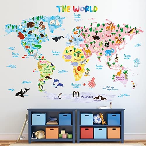 DECOWALL DLT-1615 Animal World Map Kids Wall Stickers Decals Peel and Stick Removable for Nursery Bedroom Living Room art murals decorations decor bathroom baby educational nation 2