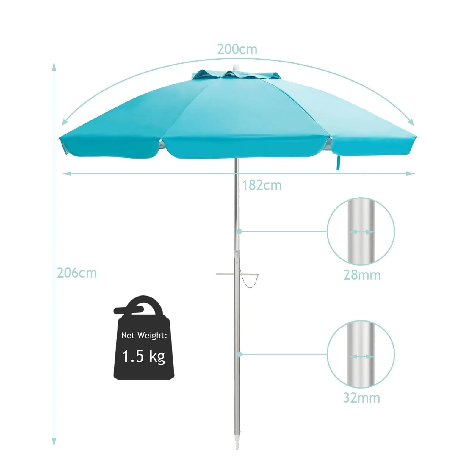 Sonnenschirm, Sonnenschirm Klein 2M Strandschirm Tragbarer Sonnenschirm Regenschirm W/Sand Anker-Blau