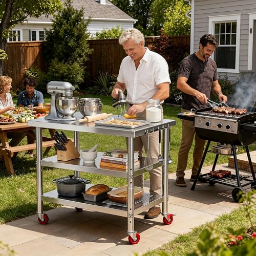 Image of DWVO 30x24in Stainless Steel Table with Wheels & 2 Adjustable Shelves | NSF Metal Prep Worktable for Kitchen Restaurant Hotel Garage Warehouse Home Commercial