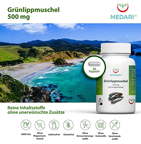 Medari -Grünlippmuschel 1500mg • Gefriergetrockneter 5:1 Extrakt Tagesdosis (Pro 3 Kapseln) 90 Kapseln aus Neuseeland (EPA/DHA/GAG) ohne Zusätze