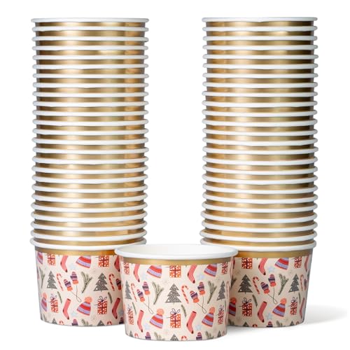 Image of Confettiville Paper Ice Cream Cups, 50-Count 9-Oz Disposable Dessert Bowls for Hot or Cold Food, 9-Ounce Christmas Party Supplies Treat Cups, Christmas Items, Gold Foil