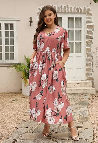 Image of Nemidor Womens Plus Size Maxi Dress Summer Boho Sundress Floral Print Flared Casual Long Dresses with Pocket
