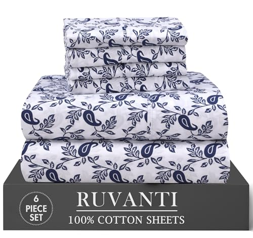 RUVANTI 6 Pcs Cotton Sheets - 100% Natural Cotton Soft, Lightweight & Breathable Crispy Percale Bed Sheets, Queen Sheet Set 16" Deep Pockets, Paisley Ornament