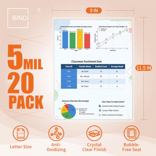 Image of Binditek 5 Mil Laminating Sheets, 9 x 11.5 Inches, Clear Glossy, 20 Pack