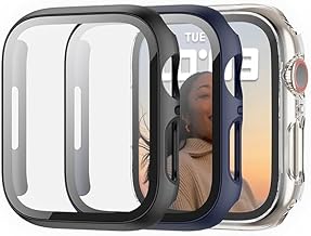 3 Pack Case Built in Tempered Glass Screen Protector Compatible with Apple Watch Series 9/Series 8/Series 7 45mm, Hard PC Case Overall Protective Cover_(3 Pack, Black+Blue+Clear)